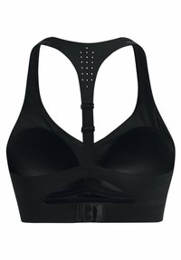 Sostenedor deportivo negro con diseño de espalda nadadora, que cuenta con copas texturizadas y un cierre de gancho y ojo. Adornado con pequeñas perforaciones en la parte posterior.