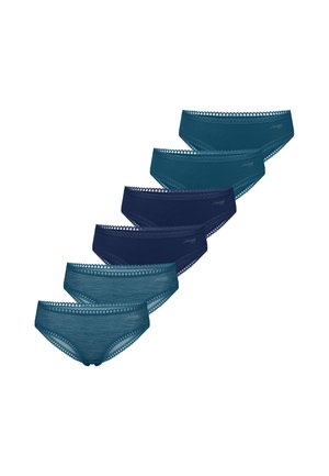Six women's hipster panties in shades of blue and teal, arranged diagonally with lace trim on the waistband and leg openings.