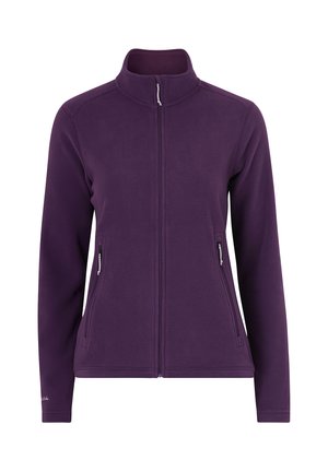 Lilla fleecejakke med fuld lynlås foran, to lynlåslommer i siderne og en opretstående krave, vist på hvid baggrund.
