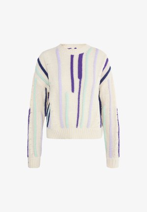 Pulover tricotat gros în crem, cu dungi verticale în violet și verde mentă. Are guler rotund și manșete și tiv ribbate.