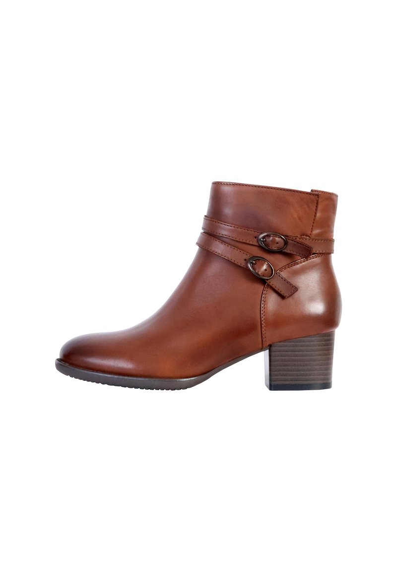 Brown leather ankle boot with a rounded toe, side buckle accents, and a block heel. Smooth texture and minimalistic design.