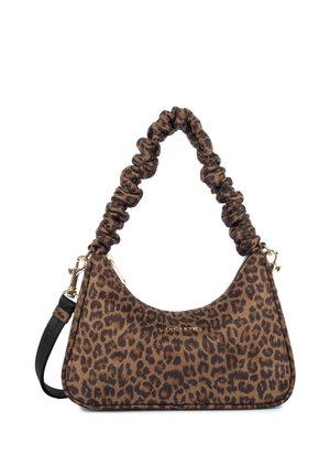 Borsa a mano con stampa leopardata marrone e nera, con manico superiore arricciato e tracolla nera removibile, cerniera dorata e dettaglio logo sul davanti.