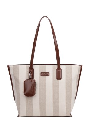 Borsa a tracolla a righe crema e beige con manici in pelle marrone, rifiniture e piccolo astuccio attaccato, marchiata con targhetta logo "Diana & Co Firenze".
