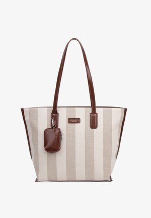 Crème- en beige gestreepte draagtas met bruine lederen handvatten, afwerking en een klein aangehecht tasje, gebrandmerkt met een "Diana & Co Firenze" logoplaatje.