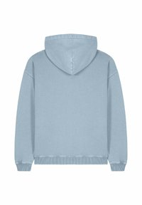 Haut à capuche bleu clair avec cordon de serrage, poignets et ourlet côtelés, et une texture lisse. Présente un design simple et épuré.