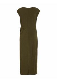Zeleno-olivová maxi šaty s krátkymi rukávmi a zakriveným výstrihom, so zberaním na boku, vyrobené z mäkkého a elastického materiálu.