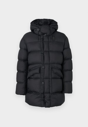 Black puffer jacket with a hood, featuring large quilted sections, two front pockets, a full button closure, and adjustable drawstrings.