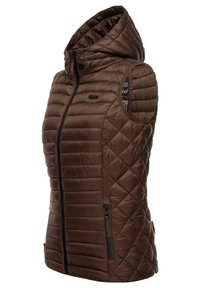 Brown padded vest with a hood, featuring diamond quilting, zippered front, and side pockets. Smooth texture, lightweight material.