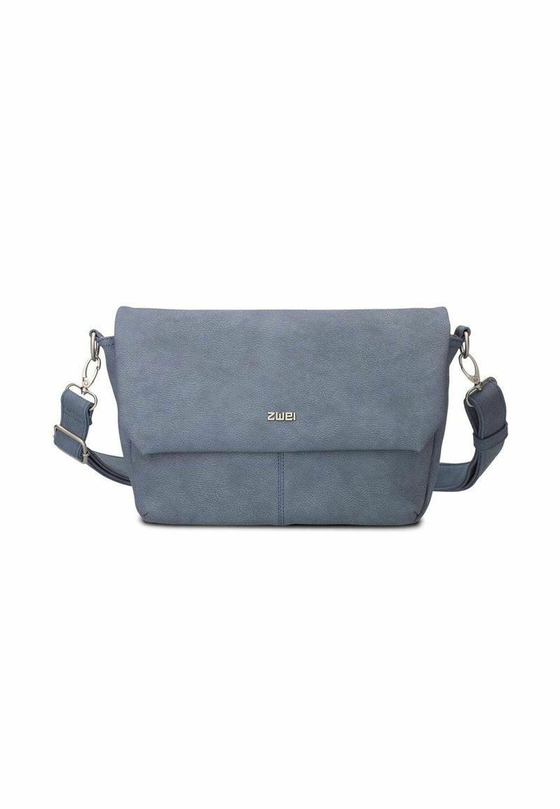 Gray crossbody bag made of textured material, featuring a flap closure, adjustable strap, and silver hardware detailing.