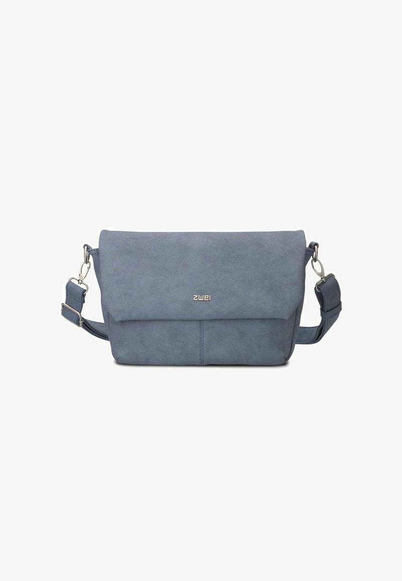 Gray crossbody bag made of textured material, featuring a flap closure, adjustable strap, and silver hardware detailing.