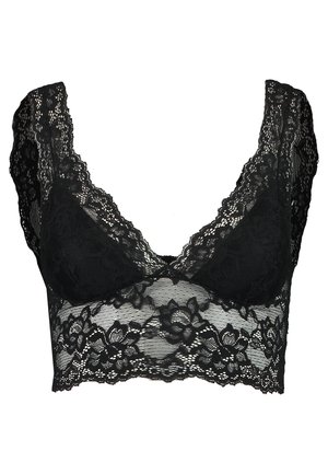 Črn čipkast bralette z globokim V-izrezom, širokimi čipkastimi naramnicami in cvetličnimi vzorci. Mehka tkanina z prosojno teksturo in skrajšanim dizajnom.