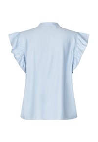 Light blue short-sleeve blouse with ruffle details on shoulders, soft texture, collar neck, and a loose-fitting silhouette.