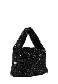 Schwarze Paillettenhandtasche mit strukturiertem Design, abgerundetem Griff und glänzenden Oberflächendetails. Mit silbernen Hardware-Akzenten.