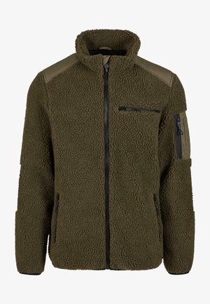 Veste en polaire vert olive avec une surface texturée et moelleuse, fermeture éclair à l'avant et plusieurs poches zippées. Présente des accents renforcés aux épaules.