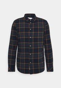 Camisa de cuadros en azul marino, verde y naranja. Mangas largas, cierre de botones al frente con cuello y un ajuste relajado. Tela suave con un acabado texturizado.
