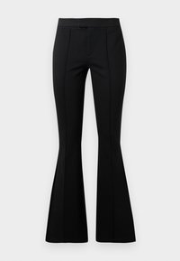 Black flared pants made of stretchy fabric, featuring a smooth texture, waistband, and structured seams running down the front and back.