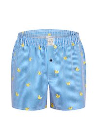 Pruhované plážové šortky v modré a bílé barvě s vzorem žlutých gumových kachniček. Mají elastický pas a detail na přední části se zapínáním na knoflík.