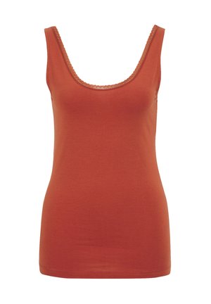 Tops s rust bojom izrađeni od mekanog materijala, sa izrezom u obliku ćupa i delikatnim čipkastim obrubom, uz uski i prilagođeni kroj.