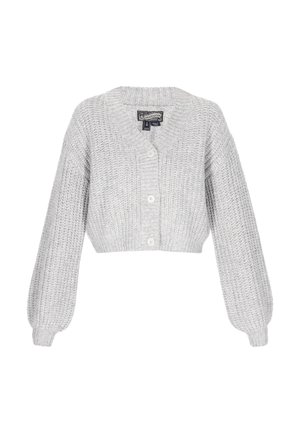 Cardigan scurt tricotat gros în gri deschis, cu mâneci lungi puff și trei nasturi în față.