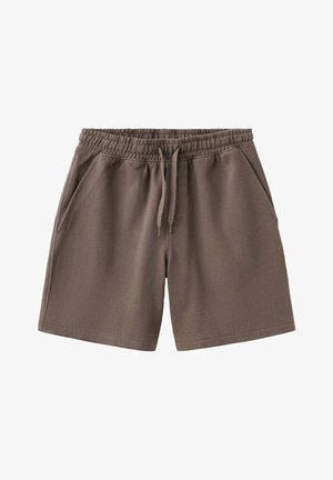 Braune knielange Freizeithosen mit elastischem Bund und Kordelzug, seitlichen Taschen und geradem Saum.
