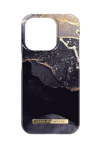 Etui na telefon o eleganckim czarnym designie z wzorami przypominającymi marmur w odcieniach złota i szarości. Zawiera złotą tabliczkę z logo na dole.
