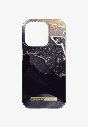 Coque de téléphone au design noir élégant avec des motifs de marbre doré et gris. Comprend une plaque logo dorée en bas.