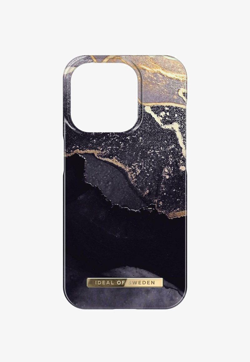 Handyhülle mit edlem schwarzen Design, versehen mit goldenen und grauen marmorähnlichen Mustern. Enthält ein goldenes Logo-Plakettchen am unteren Rand.
