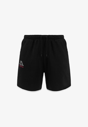 Pantaloni corti neri realizzati in tessuto morbido con vita elastica, cordoncino, accenti bianchi sui lati e un piccolo logo Kappa rosso e bianco.