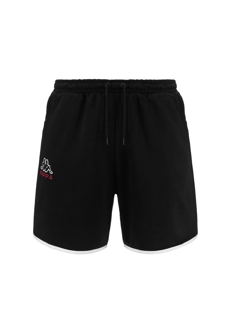 Pantaloni corti neri realizzati in tessuto morbido con vita elastica, cordoncino, accenti bianchi sui lati e un piccolo logo Kappa rosso e bianco.