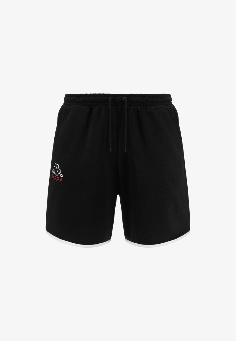 Pantaloni corti neri realizzati in tessuto morbido con vita elastica, cordoncino, accenti bianchi sui lati e un piccolo logo Kappa rosso e bianco.