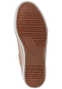 Suola di scarpa in gomma marrone con battistrada decorato, caratterizzata da un bordo bianco e una superficie testurizzata. Taglia indicata come 37.