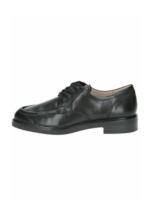 Scarpa da uomo in pelle nera con punta arrotondata, texture liscia e chiusura con lacci. Presenta una suola in gomma bassa e piatta e un dettaglio di cucitura sottile.