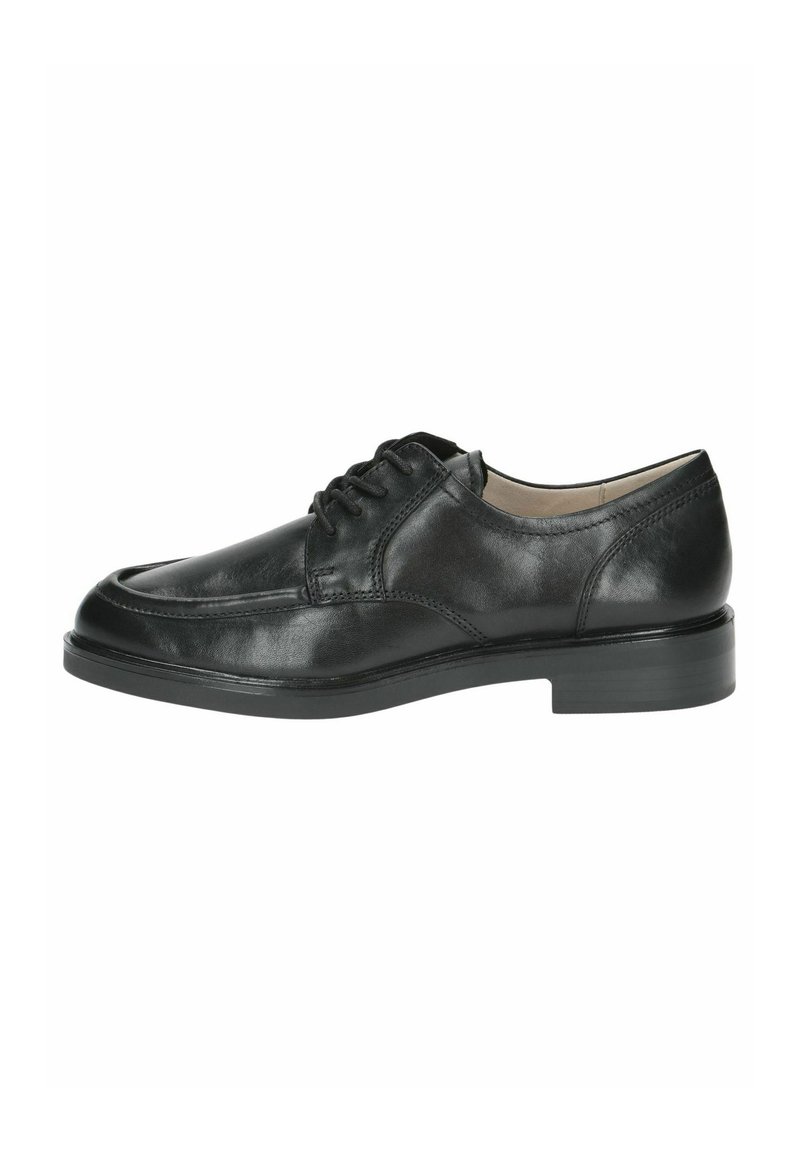 Scarpa da uomo in pelle nera con punta arrotondata, texture liscia e chiusura con lacci. Presenta una suola in gomma bassa e piatta e un dettaglio di cucitura sottile.