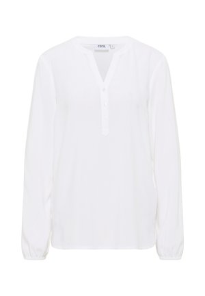 Weiße Bluse mit langen Ärmeln, V-Ausschnitt, Knopfleiste und elastischen Bündchen. Hergestellt aus leichtem, glattem Stoff und mit einem lockeren Schnitt.