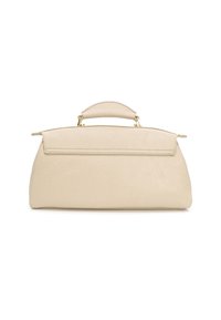 Borsa a mano in pelle beige con manico corto, forma trapezoidale strutturata e chiusura a ribaltina semplice su sfondo bianco.