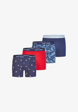 Vier paar boxershorts: donkerblauw met patronen, rood, blauw camouflage en effen donkerblauw. Alle voorzien van elastische tailles met het label "HAPPY SHORTS."
