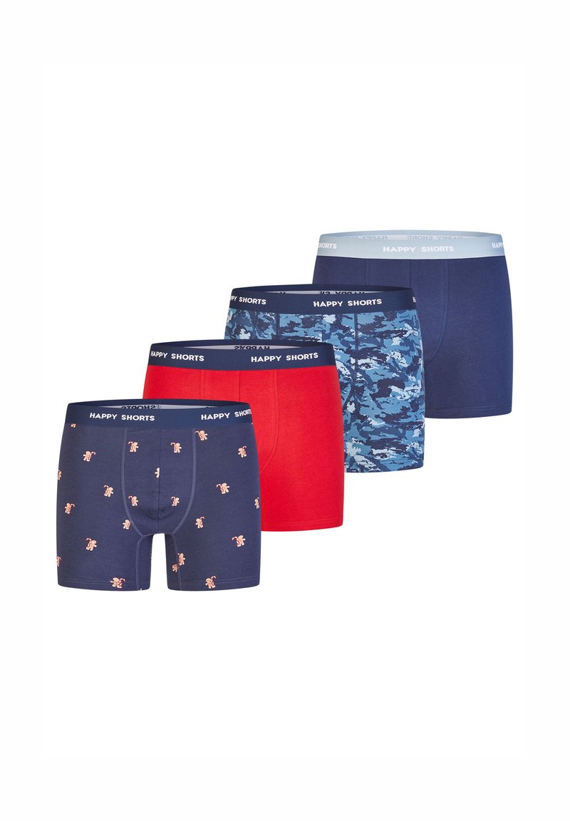 Cuatro pares de pantalones cortos tipo bóxer: azul oscuro con estampados, rojo, camuflaje azul y azul oscuro liso. Todos cuentan con cintura elástica con la etiqueta "HAPPY SHORTS".