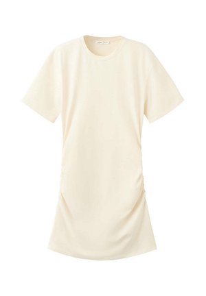 Robe T-shirt à manches courtes couleur crème avec encolure ronde et fronces latérales subtiles, présentée sur un fond blanc uni.