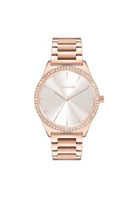 Roségoldene Uhr mit einem silbernen Sonnenstrah Zifferblatt, minimalistischen Stundenmarkierungen und einer Lünette, die mit Kristallen besetzt ist. Verfügt über ein Gliederarmband-Design.