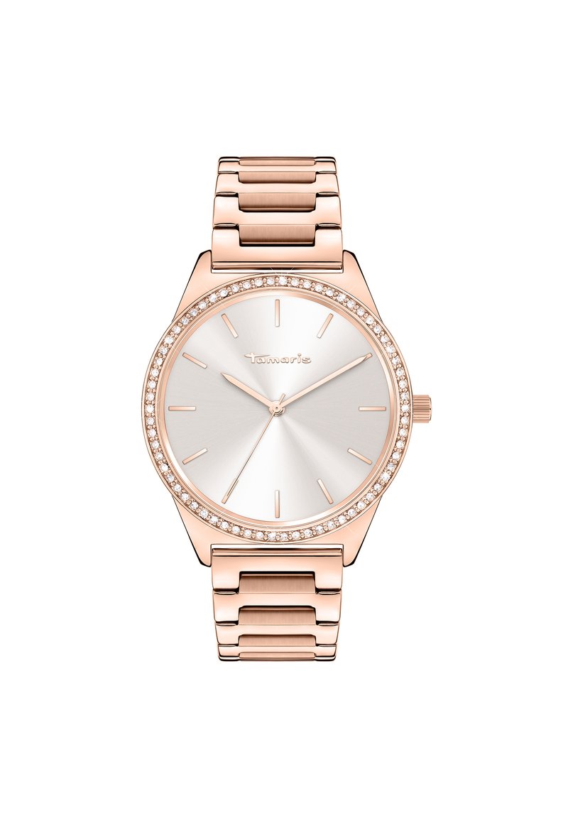 Roségoldene Uhr mit einem silbernen Sonnenstrah Zifferblatt, minimalistischen Stundenmarkierungen und einer Lünette, die mit Kristallen besetzt ist. Verfügt über ein Gliederarmband-Design.