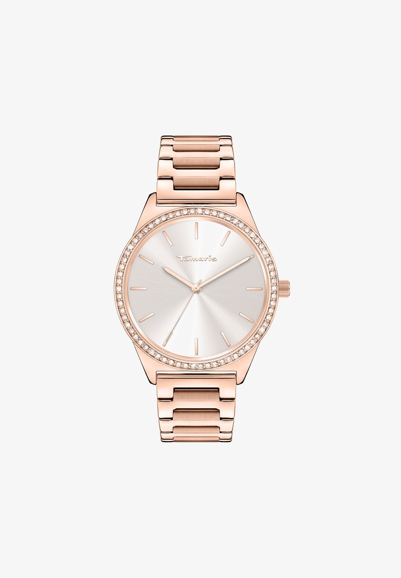 Rose gold ur med en sølv sunburst urskive, minimalistiske time markører og en bezel besat med krystaller. Har et link armbånd design.