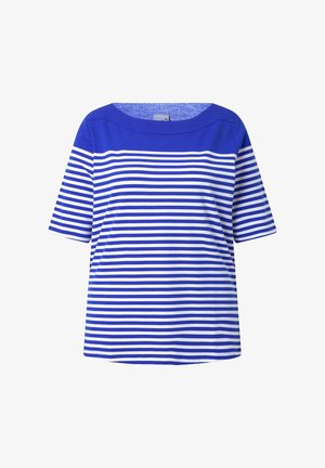 Modré a bílé proužkované tričko s krátkým rukávem, jednobarevný modrý klín a široký kulatý výstřih.