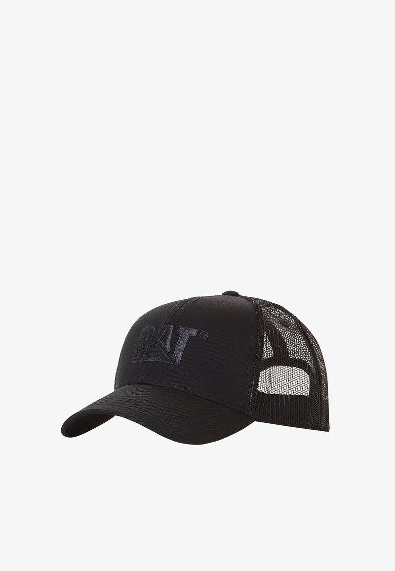 Zwarte pet met een solide voorpaneel en een mesh achterkant. Geborduurd logo aan de voorkant, gebogen klep en verstelbare band.