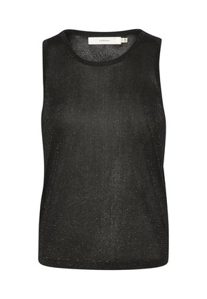 Schwarzes ärmelloses Oberteil mit Rundhalsausschnitt. Hergestellt aus einem durchsichtigen Stoff, der eine dezente glitzernde Textur aufweist. Keine zusätzlichen Muster oder Akzente.