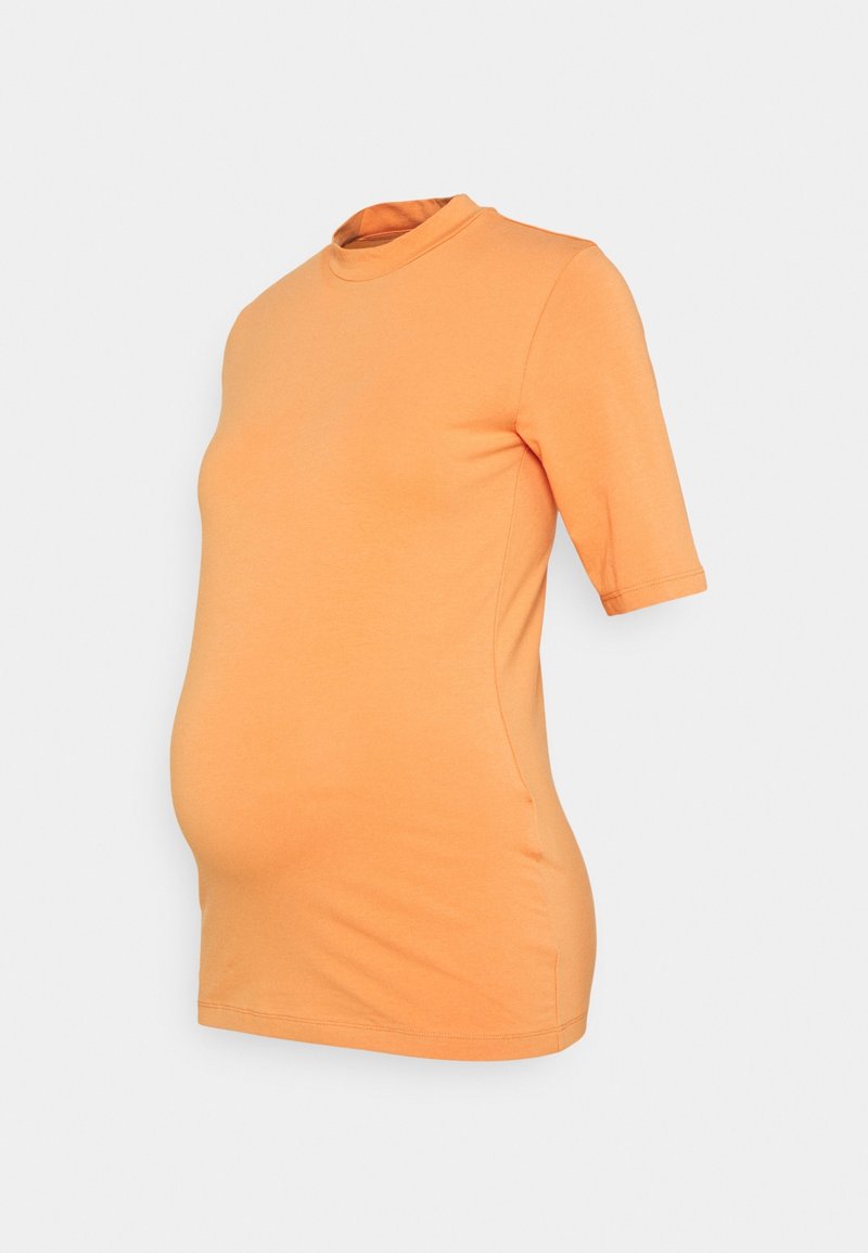 Orange graviditetst-shirt med korte ærmer, tætsiddende pasform og høj hals. Glat bomuldsstof med sidesamling for komfort.