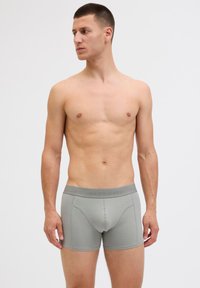 Young man wearing gray Jack & Jones boxer briefs, standing shirtless against a plain white background, looking to his left.