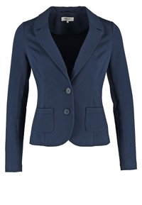 Blazer bleu marine cintré avec revers crantés, deux boutons à l'avant, deux poches plaquées sur le devant et manches longues.