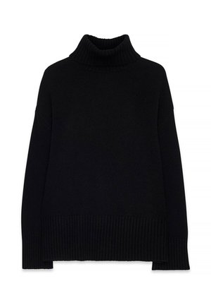 Black knit turtleneck sweater with a relaxed fit, ribbed cuffs, and a ribbed hem. Features a thick, textured fabric with a smoothly finished neckline.