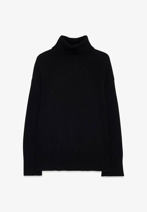 Black knit turtleneck sweater with a relaxed fit, ribbed cuffs, and a ribbed hem. Features a thick, textured fabric with a smoothly finished neckline.