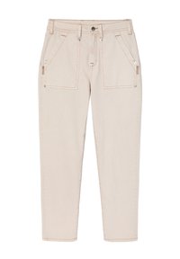 Beige denim pants with a slim fit, featuring front pockets with zippers, a button closure, and contrasting stitching details.